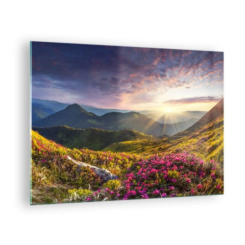 Billede på glas - Bjerglandskab ved solopgang med blomstrende blomster - 70x50cm - Friskheden af en morgen i bjergene - Moderne vægdekoration til stue og soveværelse ARTTOR