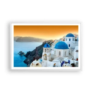 Plakat i hvid ramme - Santorini - omfavnet af klipperne - 91x61 cm