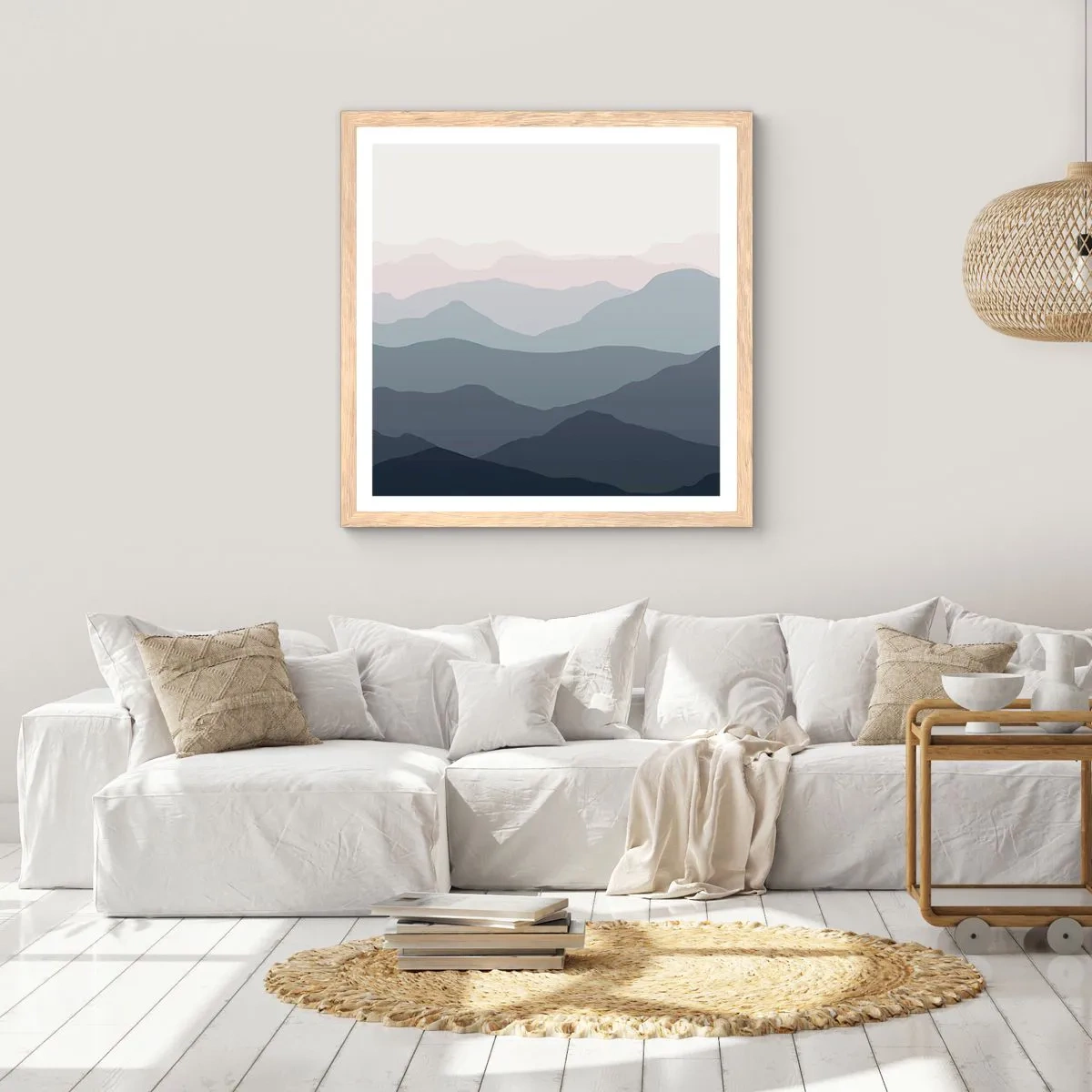Plakat i ramme af lyst egetræ - Bølger af bjerge - 50x50 cm