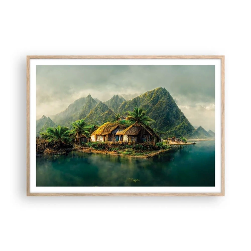 Plakat i ramme af lyst egetræ - Tropisk paradis - 100x70 cm