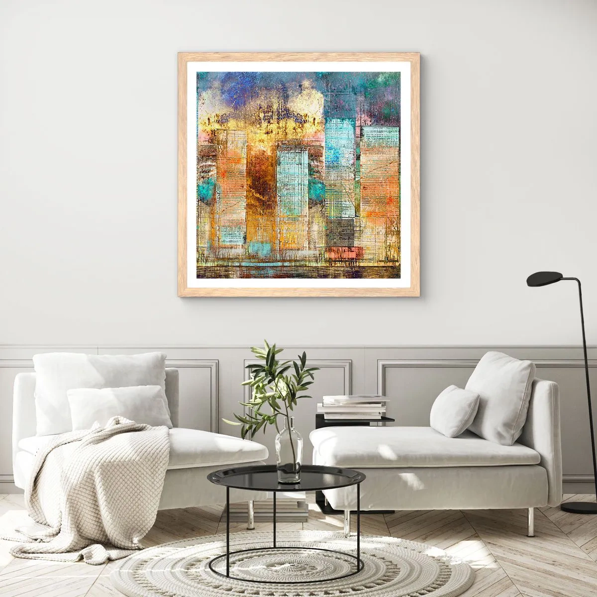 Plakat i ramme af lyst egetræ - Solrig metropol - 40x40 cm