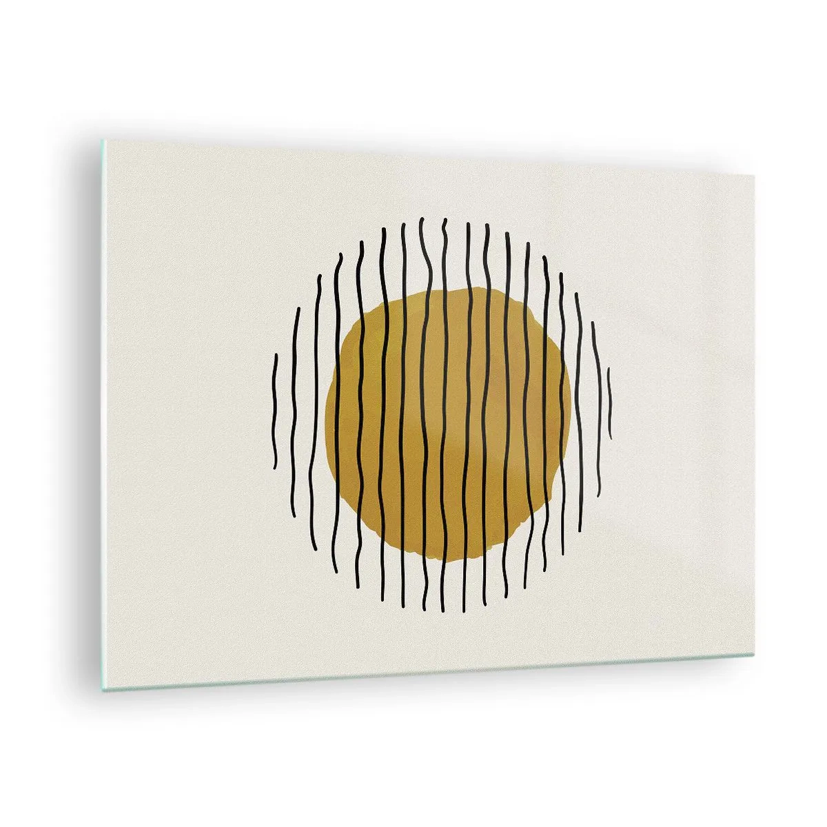 Billede på glas - En minimalistisk komposition med en gul cirkel og sorte linjer. - 70x50cm - Abstraktion, der skælver af varme - Moderne vægdekoration til stue og soveværelse ARTTOR