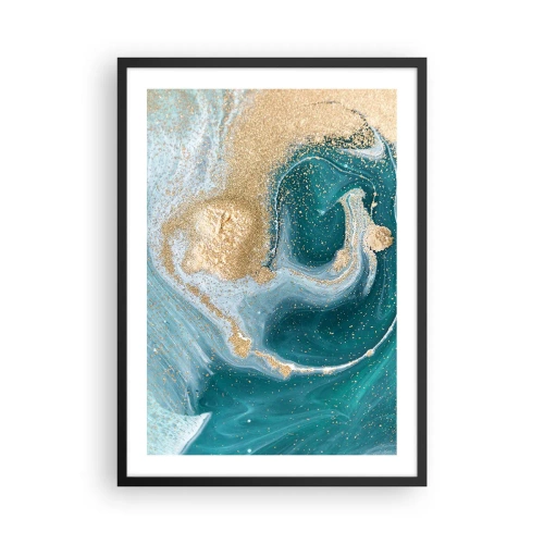 Plakat i sort ramme - Abstrakt guld- og turkismotiv i flydende former - 50x70cm - En hvirvel af guld og turkis - Moderne vægdekoration til stue og soveværelse ARTTOR
