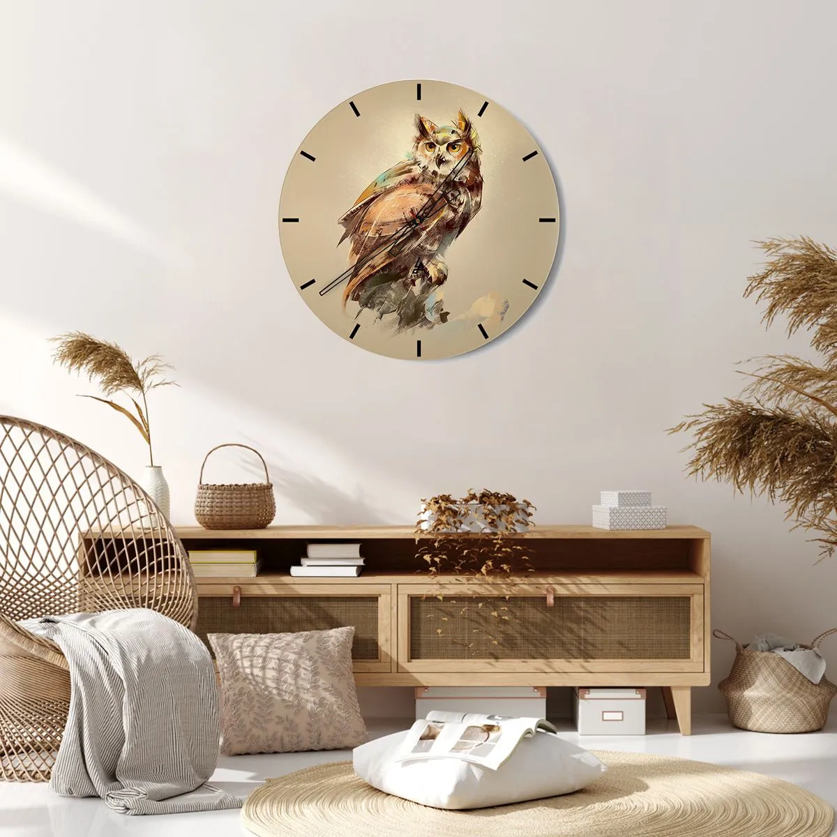 Vægur, Uret - Kunstnerisk portræt af en ugle på en beige baggrund - 30x30cm - Den klogeste ugle - bekræfter egetræet - Moderne vægdekoration til stue, køkken og soveværelse ARTTOR