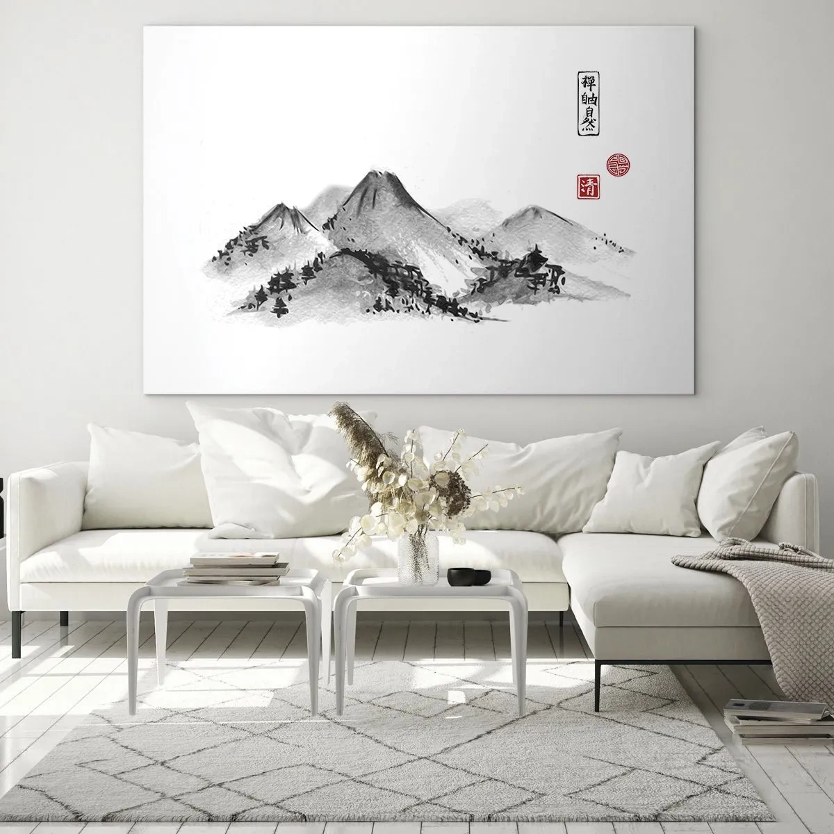 Billede på glas - Et minimalistisk bjerglandskab i orientalsk stil - 70x50cm - Langt væk - Moderne vægdekoration til stue og soveværelse ARTTOR