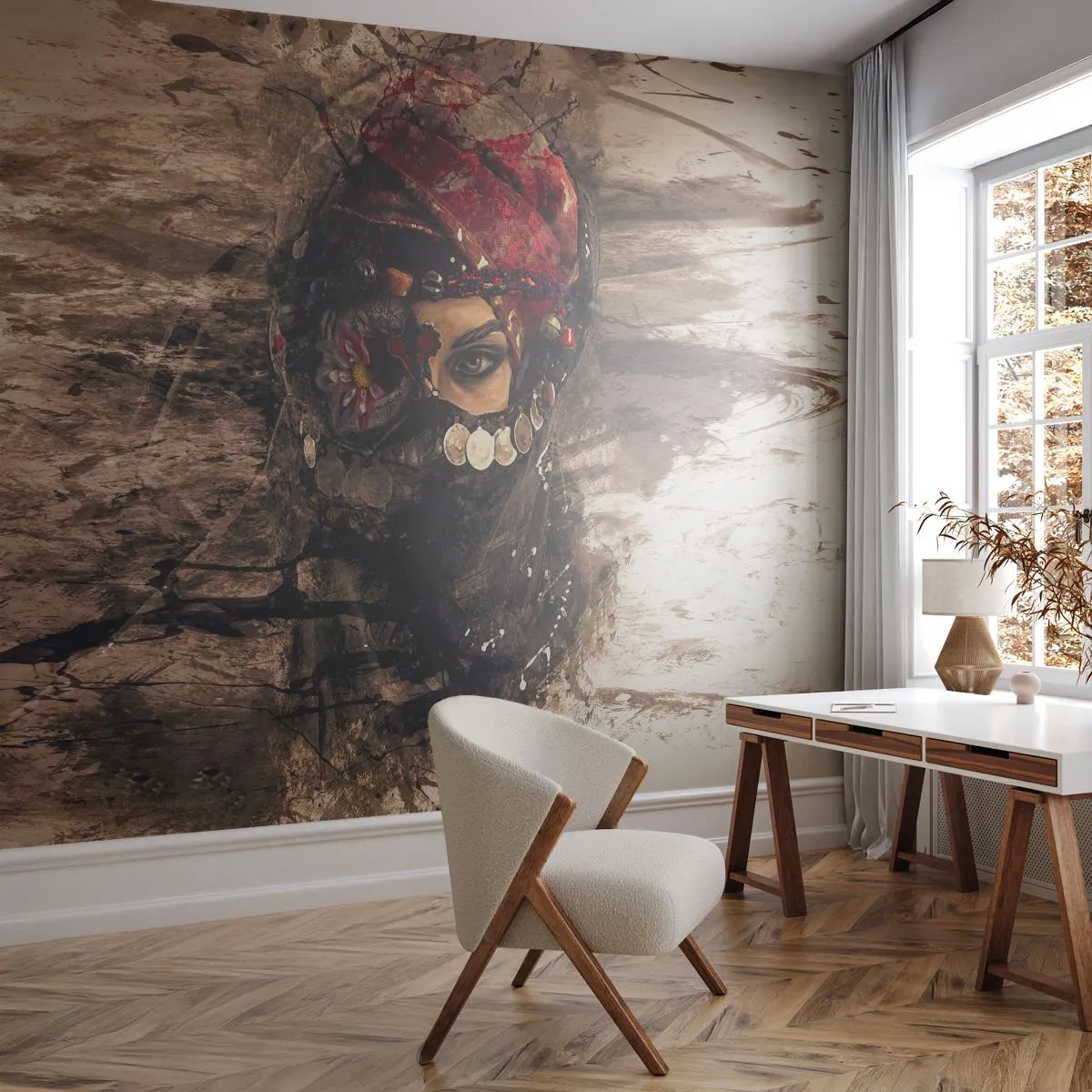 Fototapet Premium Sand - Foruroligende for at sige det mildt - Abstraktion, Kvindens ansigt, Orientalske symboler - 100x70 cm
