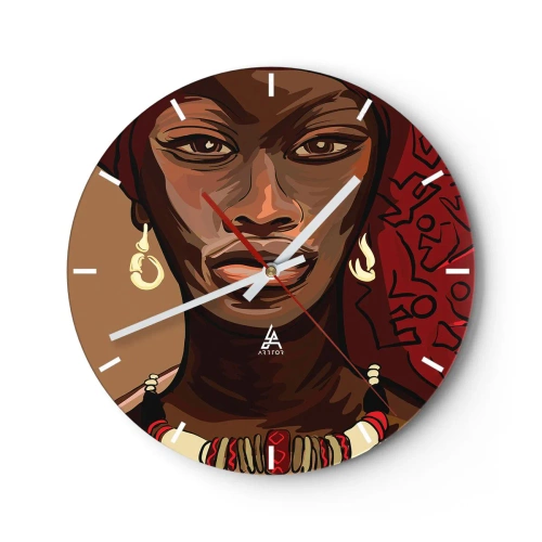 Vægur, Uret - Portræt af en kvinde i afrikansk stil med røde accenter - 30x30cm - Ibenholt Venus - Moderne vægdekoration til stue, køkken og soveværelse ARTTOR