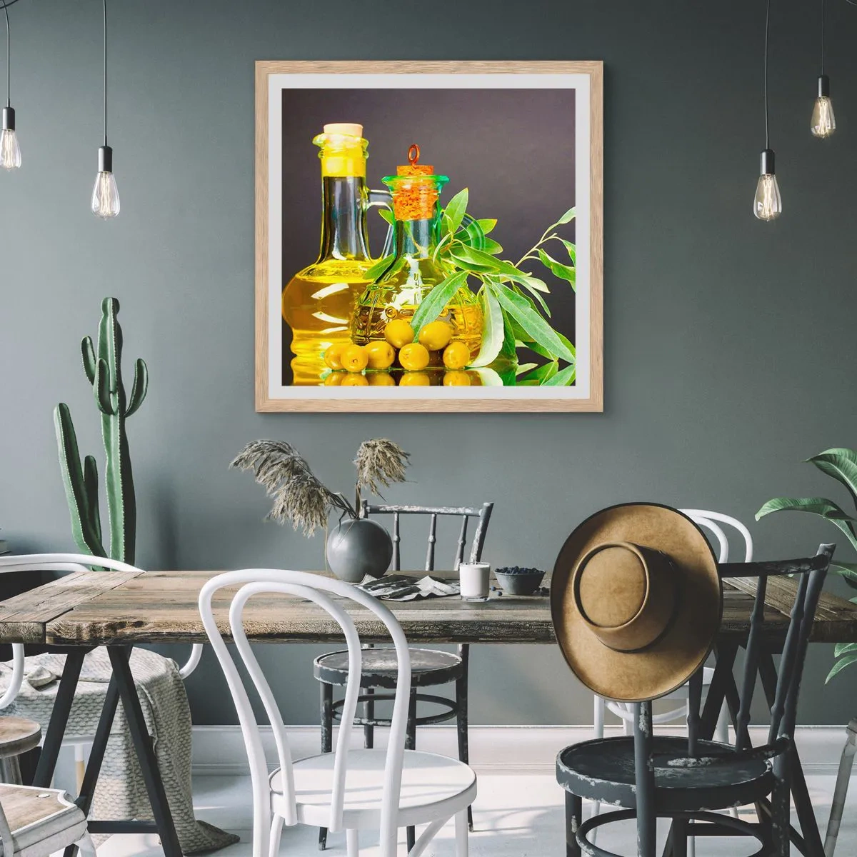 Plakat i ramme af lyst egetræ - Stilleben med oliven og olie - 60x60 cm