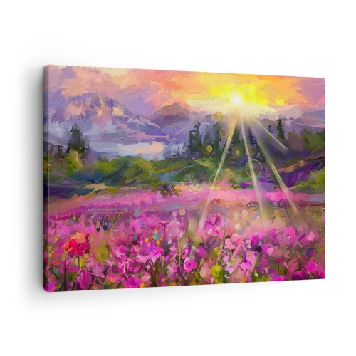 Lærredstryk - Billede på lærred - En malerisk eng i den nedgående sols stråler - 70x50cm - I en dal under solens beskyttelse - Moderne vægdekoration til stue og soveværelse ARTTOR