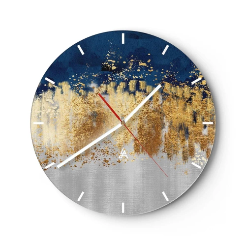 Vægur, Uret - Gyldne refleksioner og en blå-sølv baggrund i abstrakt stil - 30x30cm - Moderne komposition med gnist - Moderne vægdekoration til stue, køkken og soveværelse ARTTOR