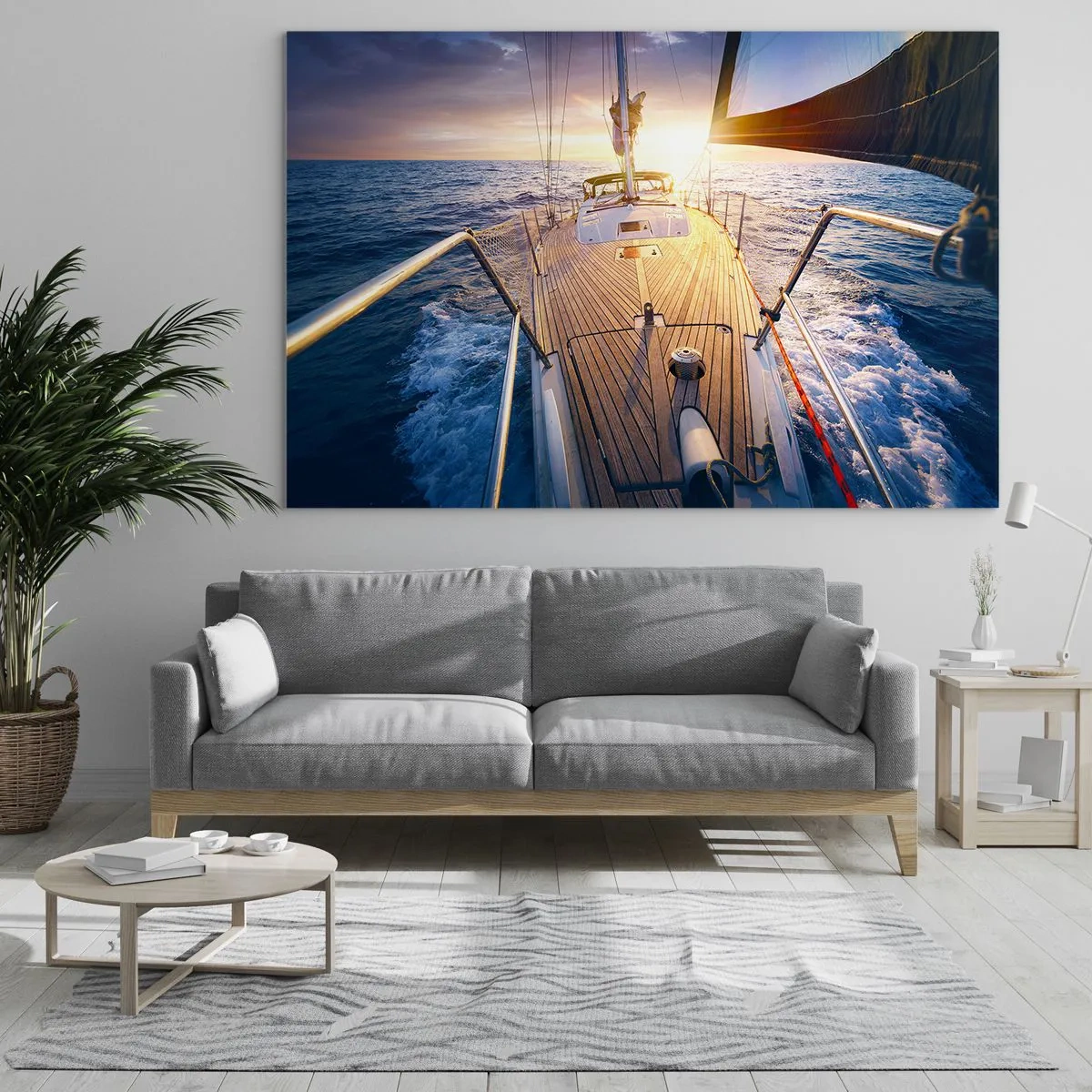 Billede på glas - Dækket på en sejlbåd mod baggrunden af den nedgående sol og havets bølger - 70x50cm - Løber på bølgerne - Moderne vægdekoration til stue og soveværelse ARTTOR