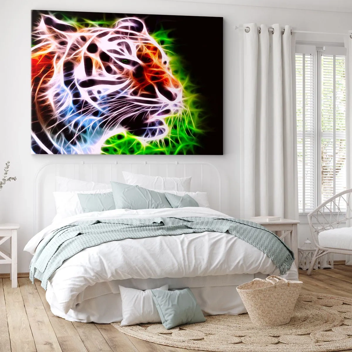 Lærredstryk - Billede på lærred - Farverigt kunstnerisk portræt af en tiger i neonstil på en sort baggrund. - 70x50cm - Farlig aura - Moderne vægdekoration til stue og soveværelse ARTTOR