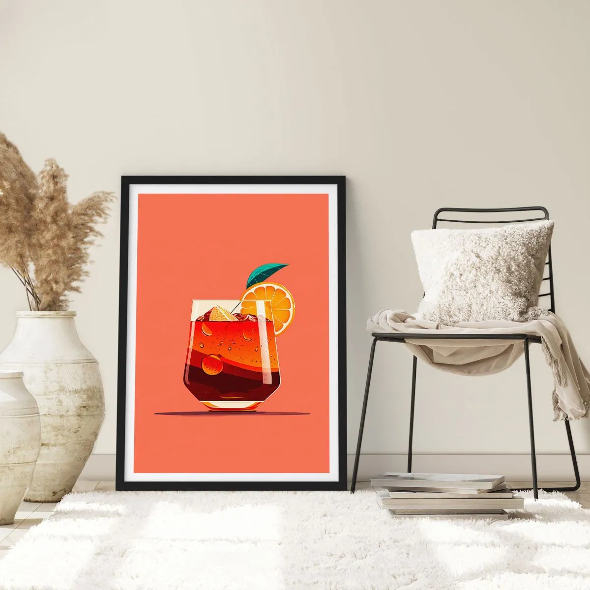 Plakat i sort ramme - Et glas cocktail med en appelsinskive - 50x70cm - Sommerens forfriskning - Moderne vægdekoration til stue og soveværelse ARTTOR