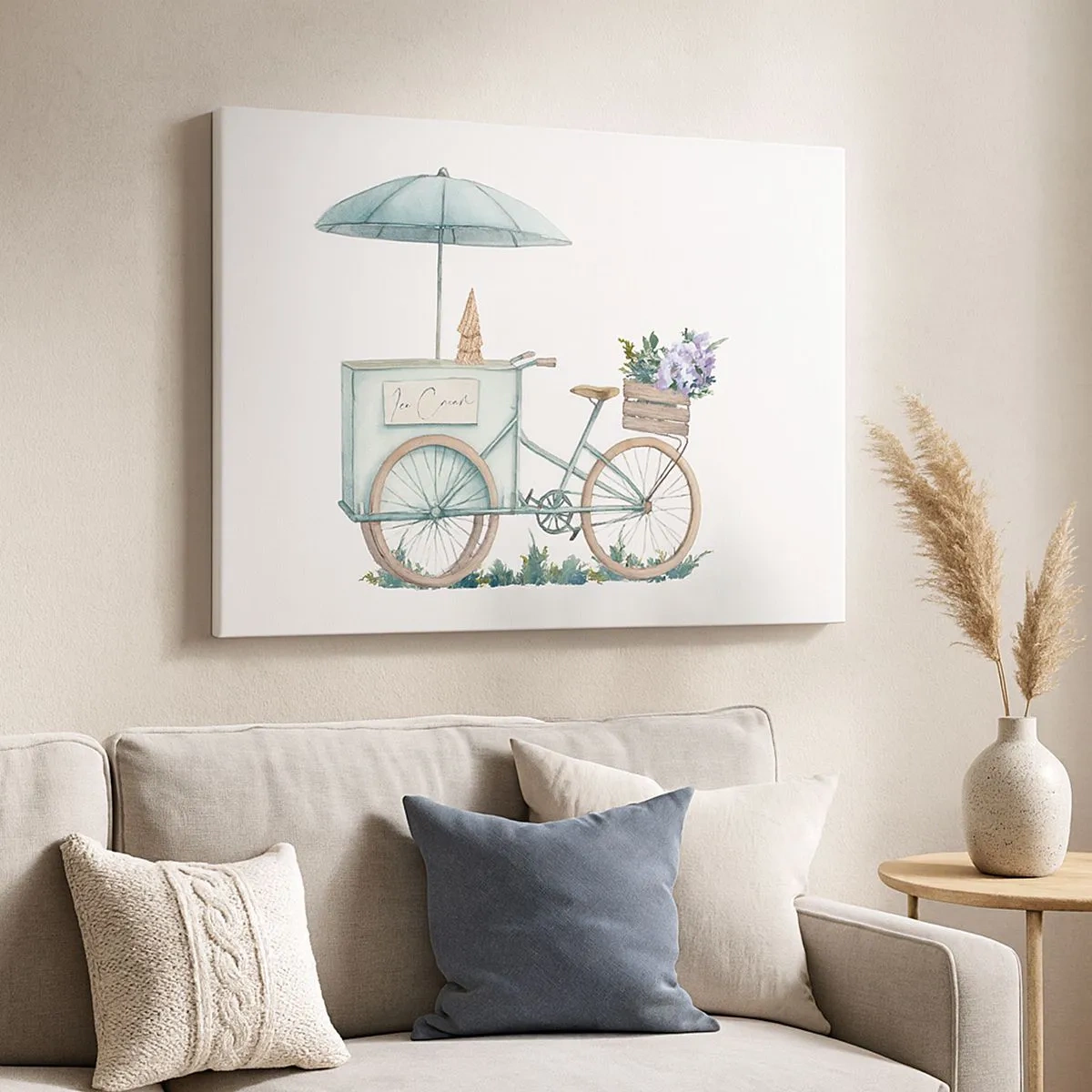 Lærredstryk - Billede på lærred - En cykel med is og blomster under en paraply i sarte pastelfarver - 70x50cm - Sødt minde om sommeren - Moderne vægdekoration til stue og soveværelse ARTTOR