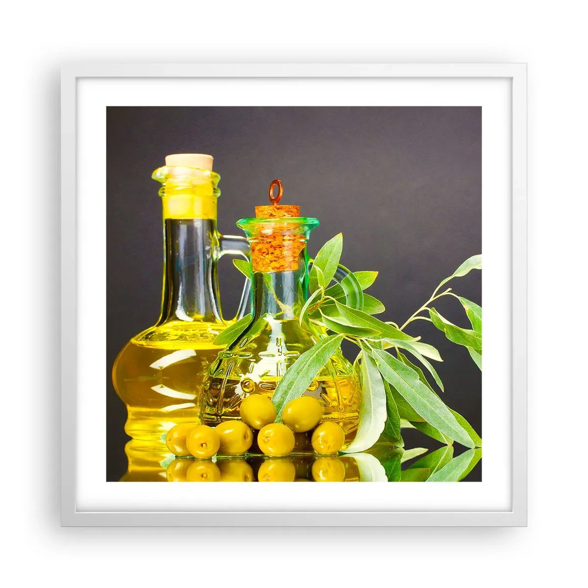 Plakat i hvid ramme - Stilleben med oliven og olie - 50x50 cm