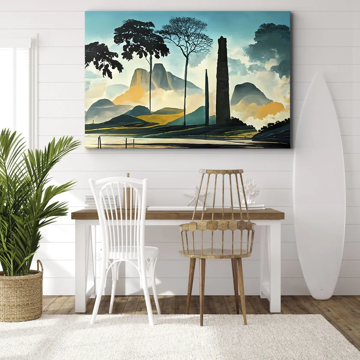 Lærredstryk - Billede på lærred - Et malerisk landskab med træer og bjerge i baggrunden - 70x50cm - Stadig højere og højere - Moderne vægdekoration til stue og soveværelse ARTTOR