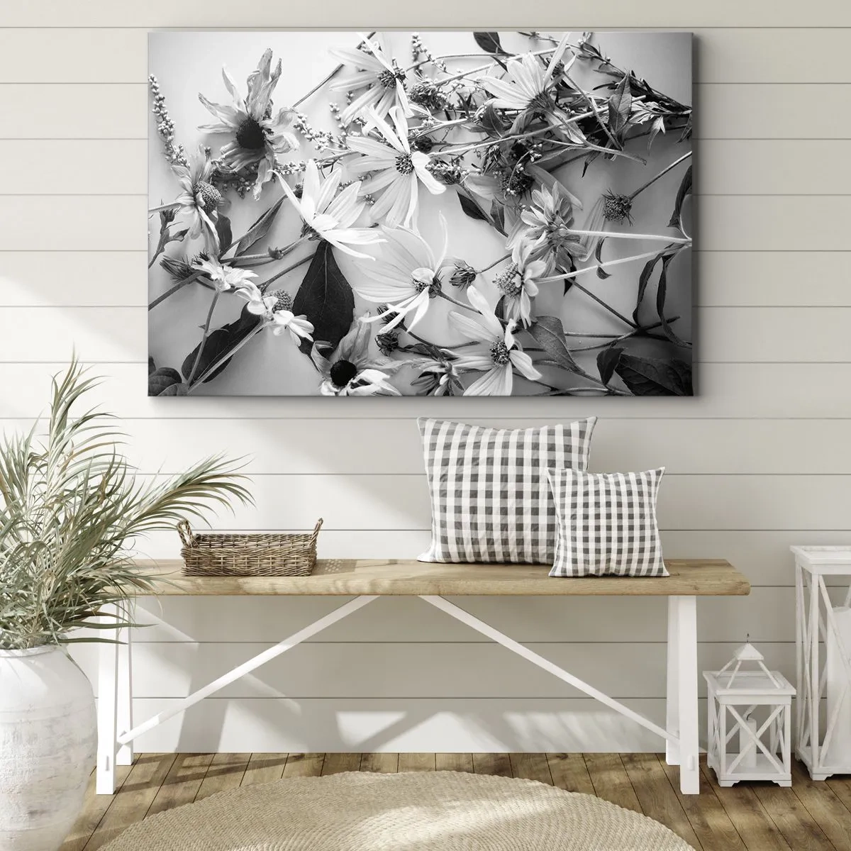 Lærredstryk - Billede på lærred - Sort-hvide blomsterarrangementer i en diskret kunstnerisk stil - 70x50cm - Blomster uden buket - Moderne vægdekoration til stue og soveværelse ARTTOR