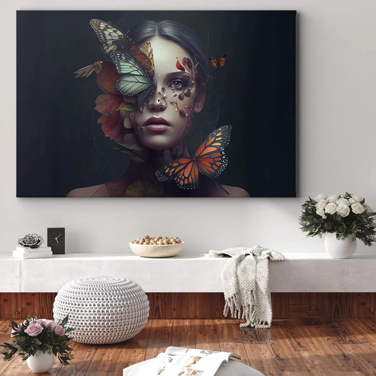 Lærredstryk - Billede på lærred - Portræt af en kvinde med sommerfugle og planteelementer - 70x50cm - En vidunderlig metamorfose - Moderne vægdekoration til stue og soveværelse ARTTOR