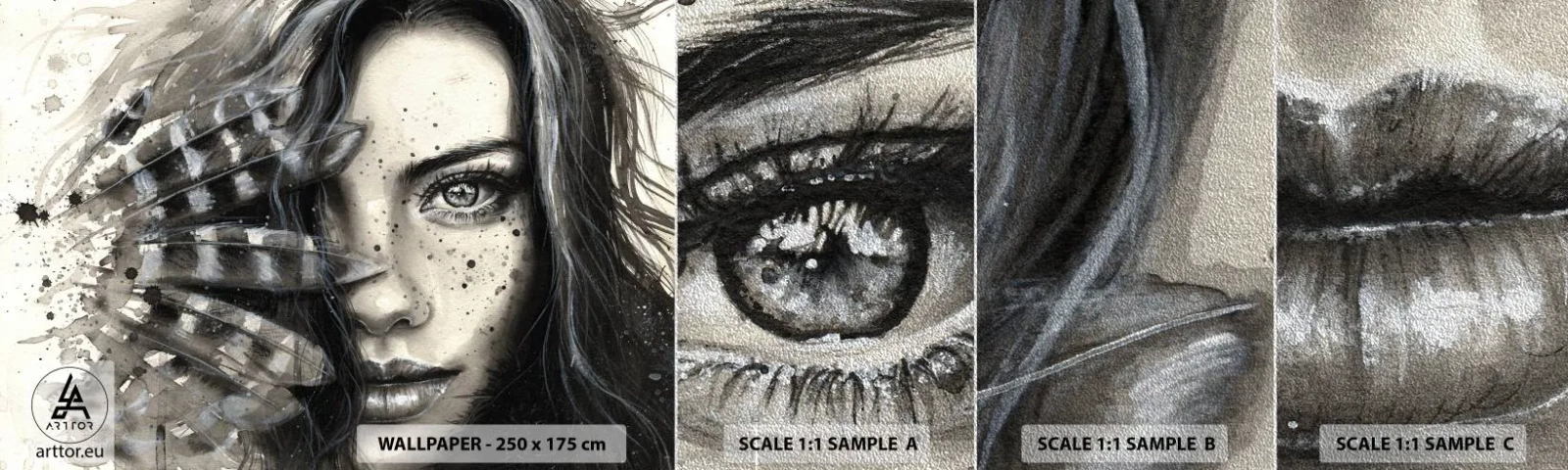 Prøve Fototapet Premium Sand - Vild skønhed - Kvinde, Fuglefjer, Grafik - 100x30 cm