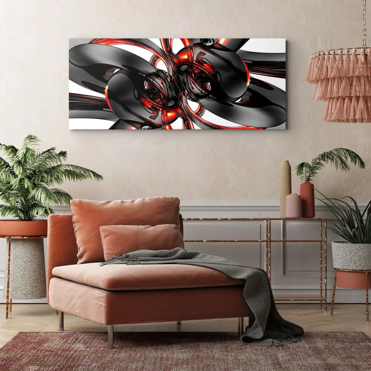 Lærredstryk - Billede på lærred - Bevægelse i grafit og rød - 100x40 cm
