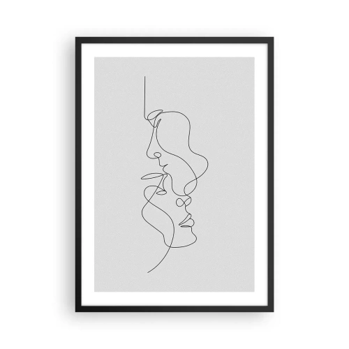Plakat i sort ramme - En minimalistisk omrids af to ansigter i sort på en lys baggrund. - 50x70cm - Gløderne af glubende begær - Moderne vægdekoration til stue og soveværelse ARTTOR