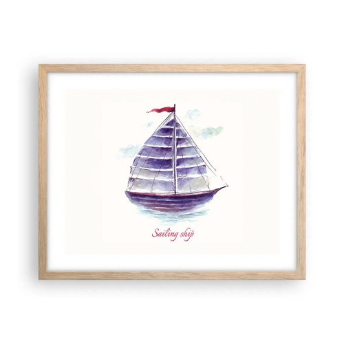 Plakat i ramme af lyst egetræ - Fulde sejl og roligt vand - 50x40 cm