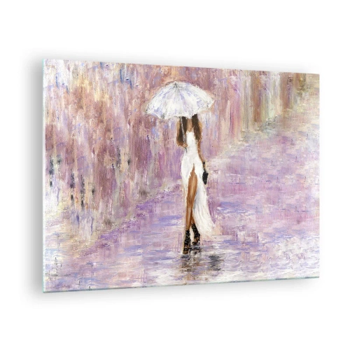 Billede på glas - Figur af en kvinde med en paraply i en lilla regnscene - 70x50cm - I den syrenrøde regn - Moderne vægdekoration til stue og soveværelse ARTTOR