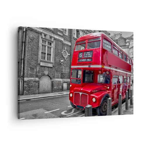 Lærredstryk - Billede på lærred - En rød dobbeltdækkerbus i London mod en baggrund af klassisk arkitektur - 70x50cm - Altid det samme - Moderne vægdekoration til stue og soveværelse ARTTOR