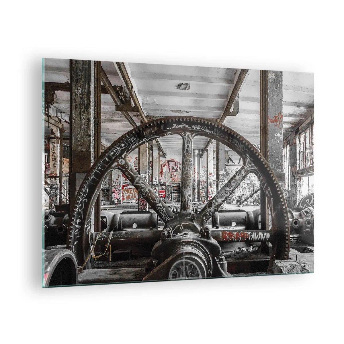 Billede på glas - Historisk industrielt interiør med et tandhjul - 70x50cm - Fabrikkens hemmelige liv - Moderne vægdekoration til stue og soveværelse ARTTOR