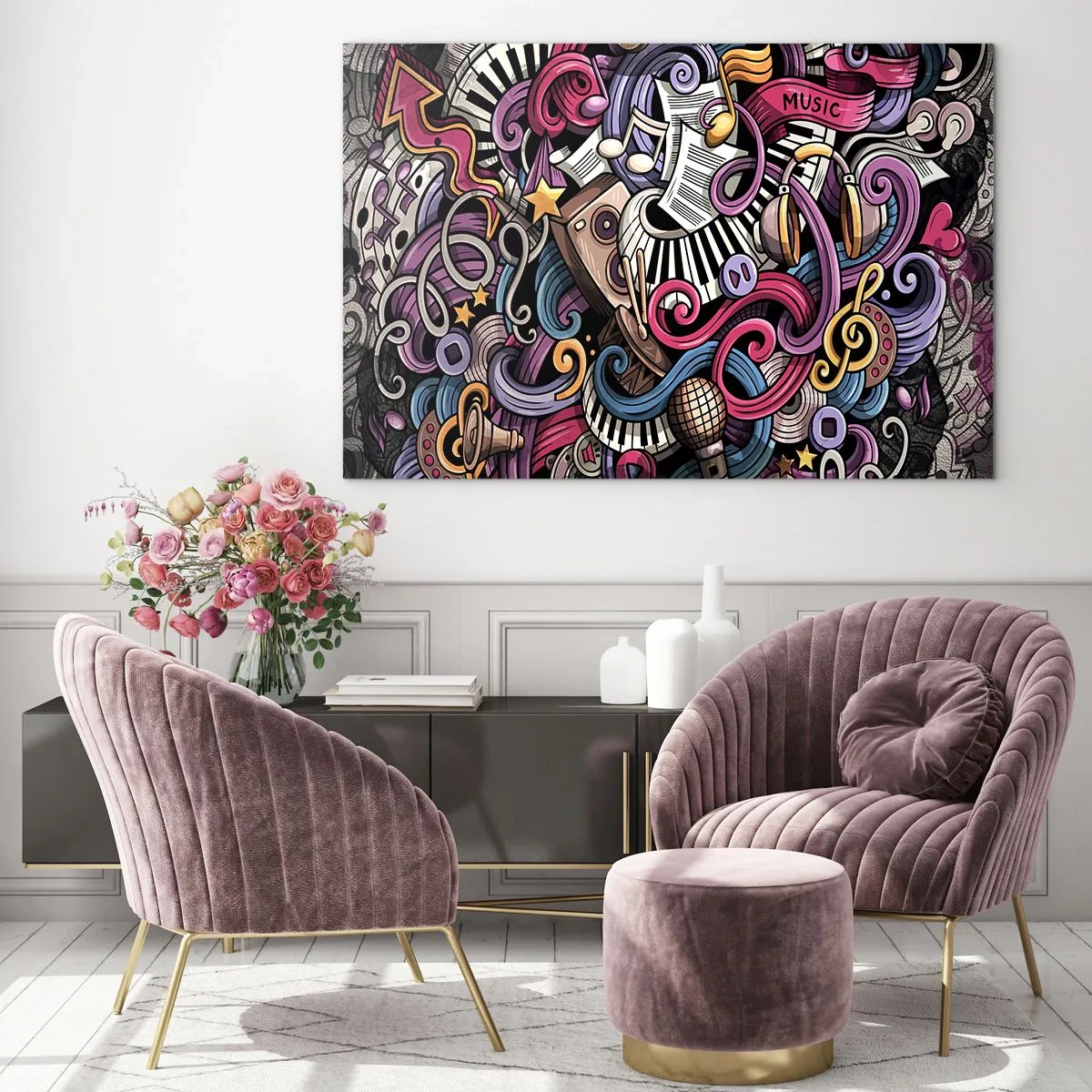Billede på glas - Farverige musiktemaer med noder og instrumenter - 70x50cm - Kompliceret melodi - Moderne vægdekoration til stue og soveværelse ARTTOR