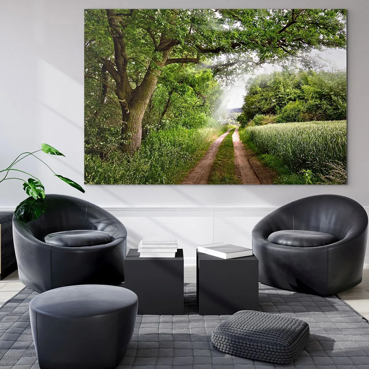 Billede på glas - En skovvej omgivet af grønne områder i solens stråler - 70x50cm - Et in Arcadia ego - Moderne vægdekoration til stue og soveværelse ARTTOR