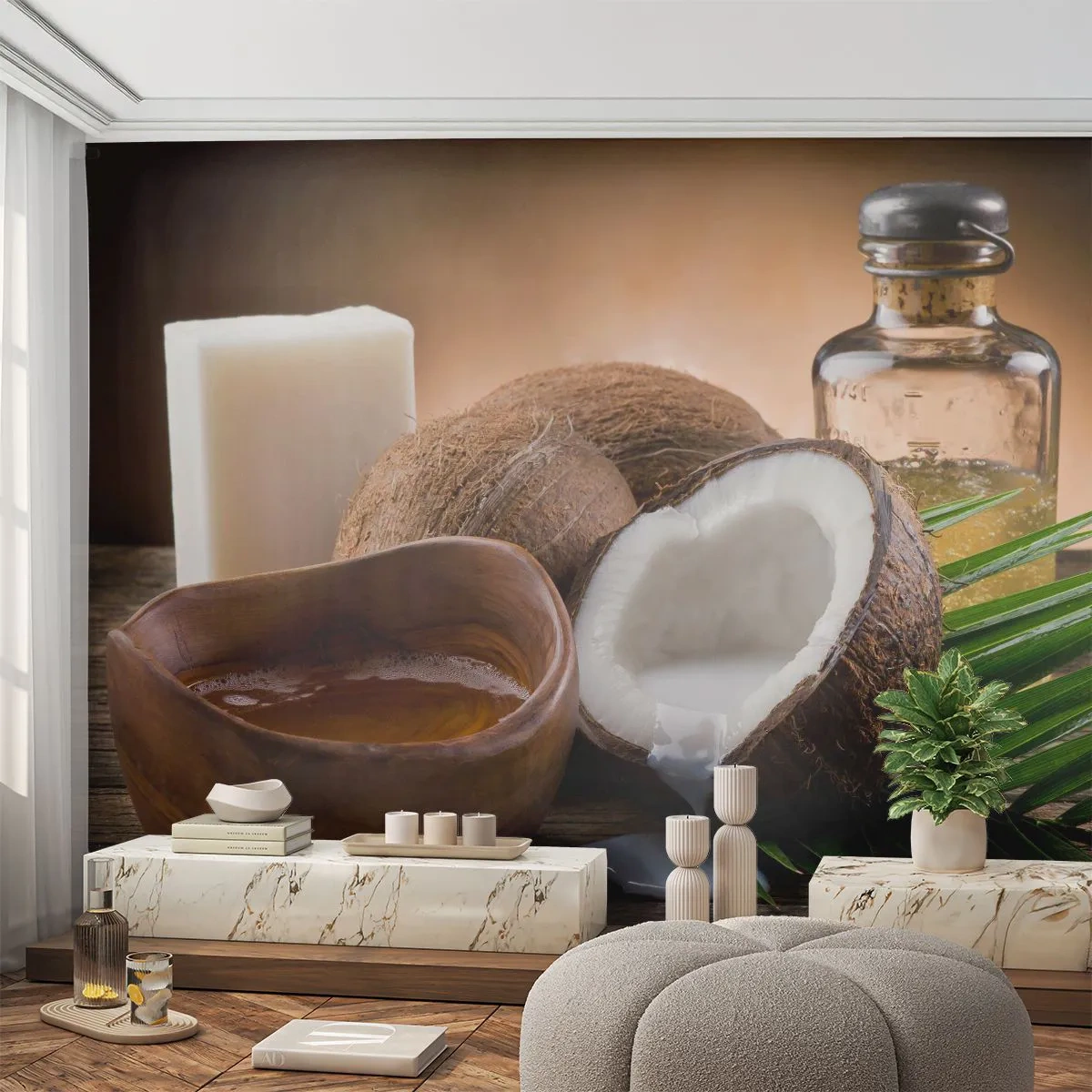 Fototapet Premium Sand - Sundhed fra de tropiske øer - Kokosnød, Spa, Kokosolie - 250x175 cm