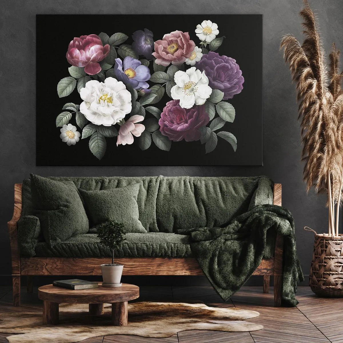 Lærredstryk - Billede på lærred - Blomster i forskellige farver på sort baggrund - 70x50cm - Fra en engelsk have - Moderne vægdekoration til stue og soveværelse ARTTOR