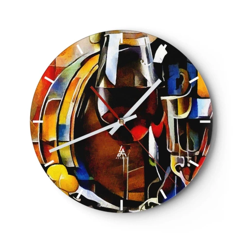 Vægur, Uret - Abstrakt stilleben med glas og en flaske i intense farver. - 30x30cm - Og verden bliver mere farverig - Moderne vægdekoration til stue, køkken og soveværelse ARTTOR