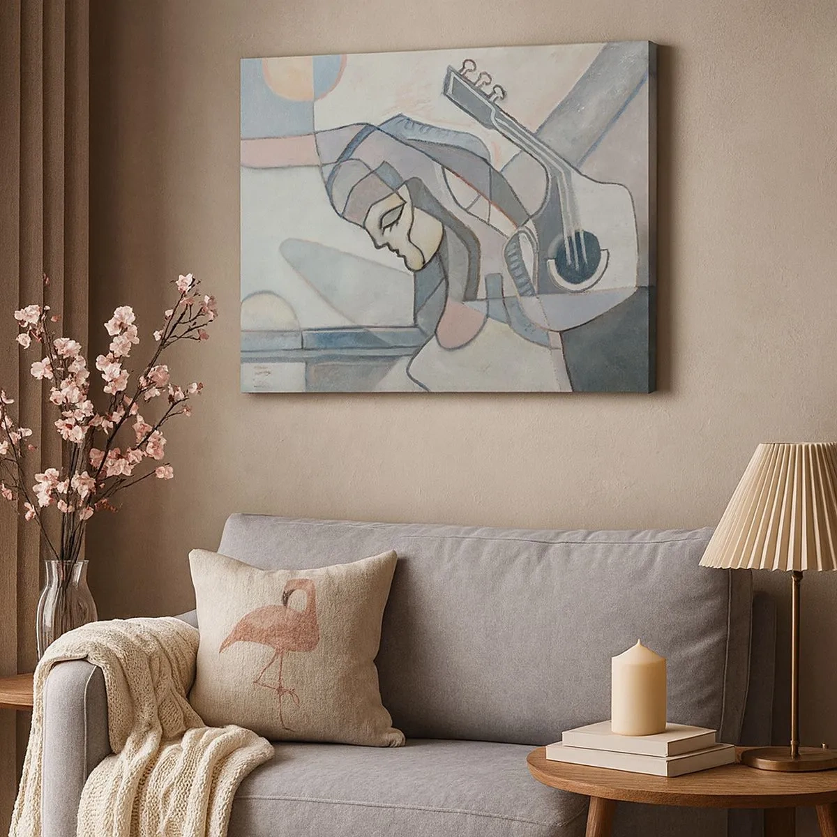 Lærredstryk - Billede på lærred - En abstrakt figur med en guitar i pastelfarver. - 70x50cm - I musikkens kraft - Moderne vægdekoration til stue og soveværelse ARTTOR