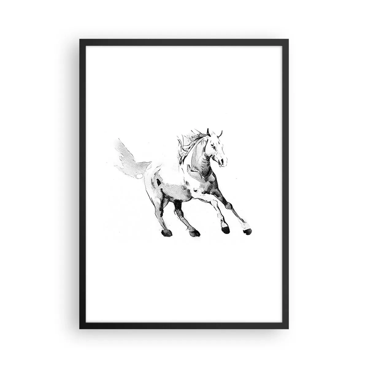 Plakat i sort ramme - En minimalistisk illustration af en galoperende hest - 50x70cm - Utæmmet sjæl - Moderne vægdekoration til stue og soveværelse ARTTOR
