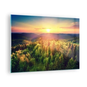 Billede på glas - Solnedgang over en bjergskov med udsigt over dalene - 70x50cm - Toppe og bjergtoppe - Moderne vægdekoration til stue og soveværelse ARTTOR