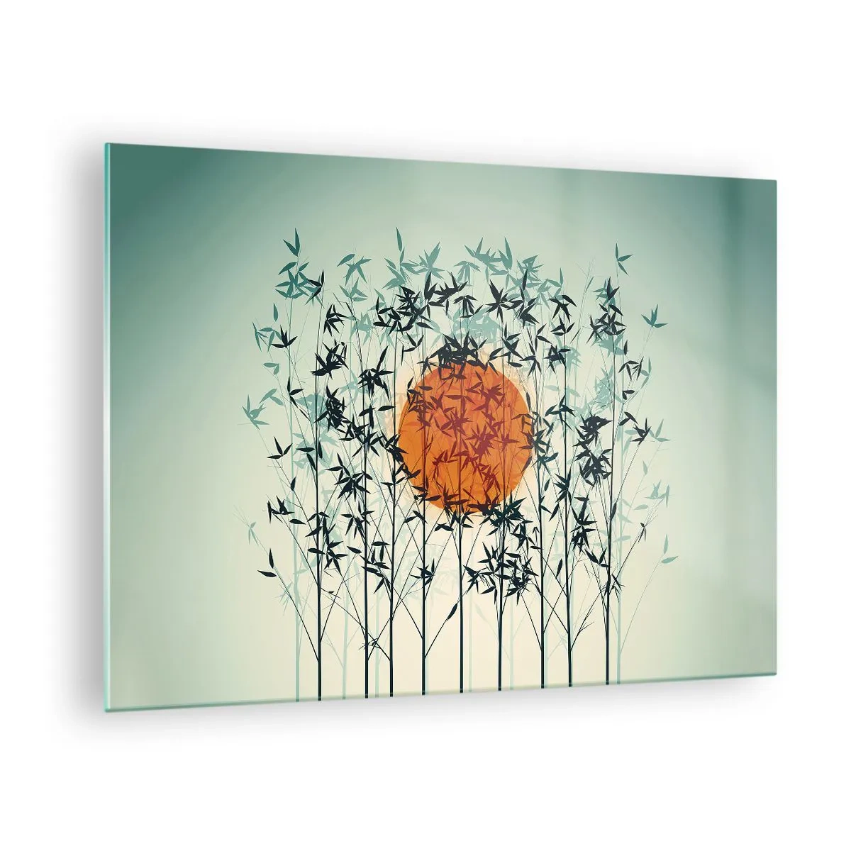 Billede på glas - Rød sol blandt sarte bambusblade - 70x50cm - Japansk sol - Moderne vægdekoration til stue og soveværelse ARTTOR