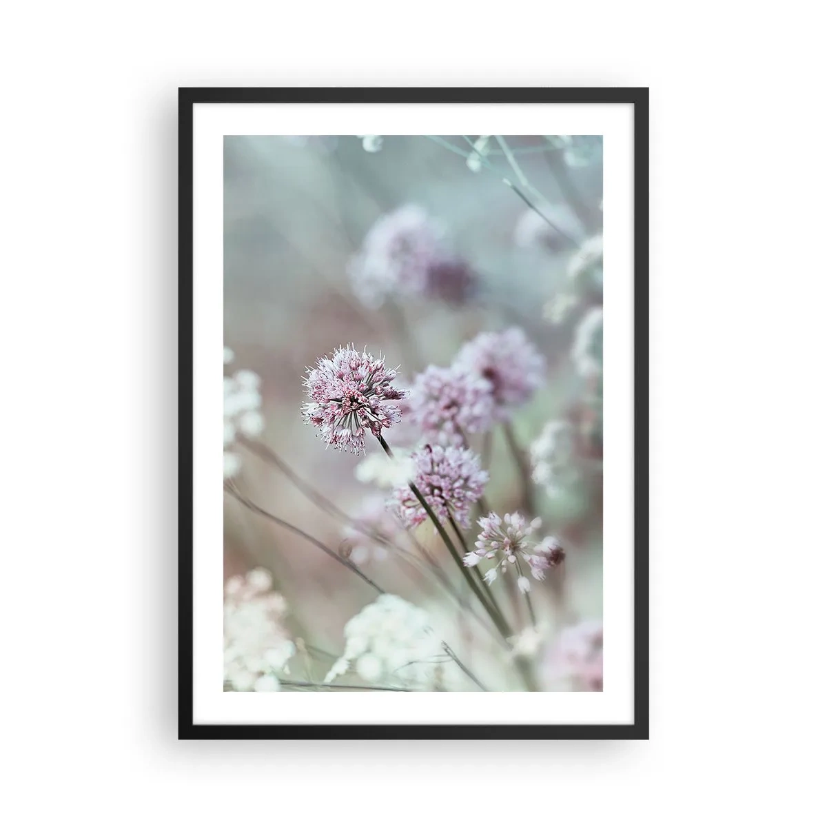 Plakat i sort ramme - Delikate blomster i pastelfarver - 50x70cm - Søde filigranurter - Moderne vægdekoration til stue og soveværelse ARTTOR