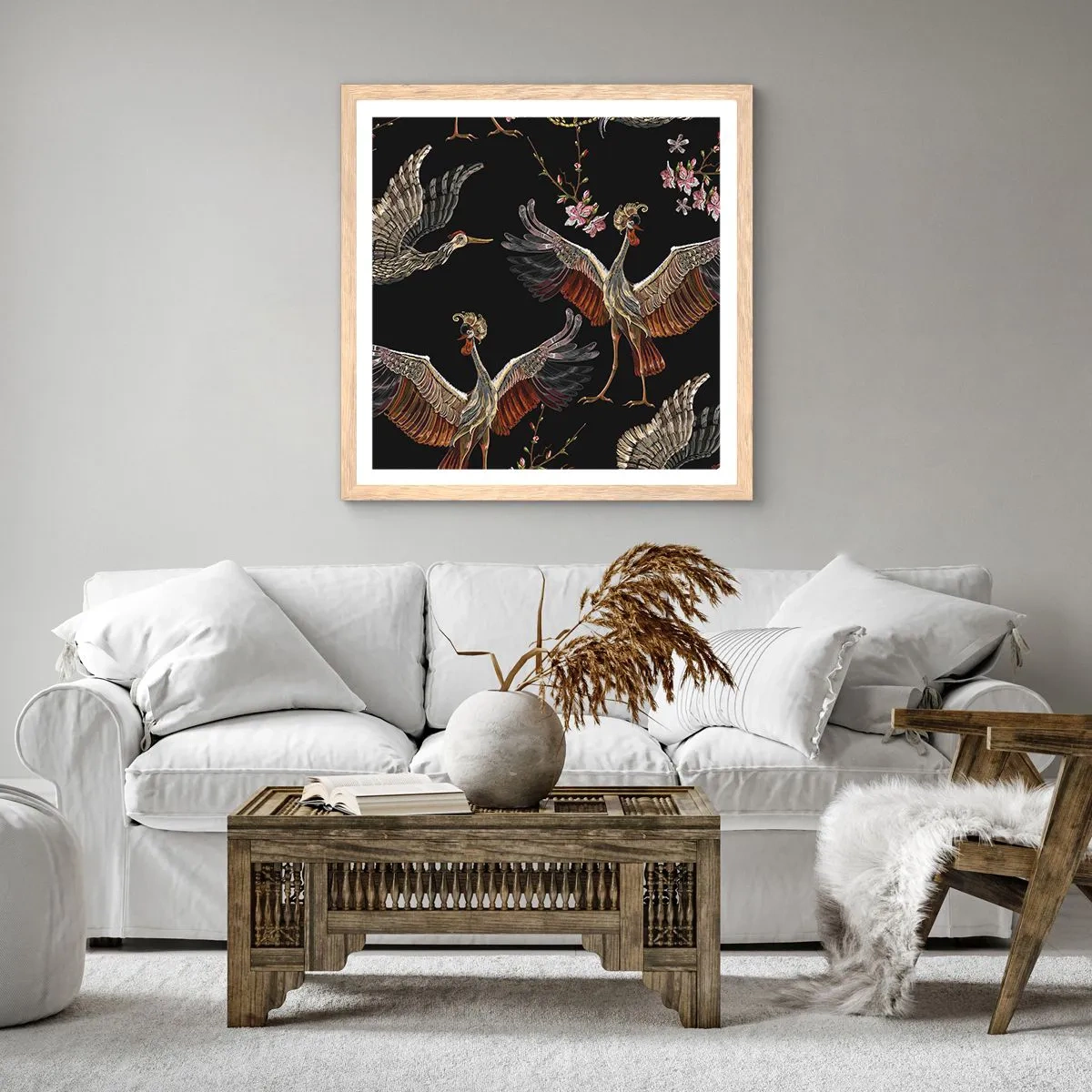 Plakat i ramme af lyst egetræ - Eventyrlig fugl - 50x50 cm