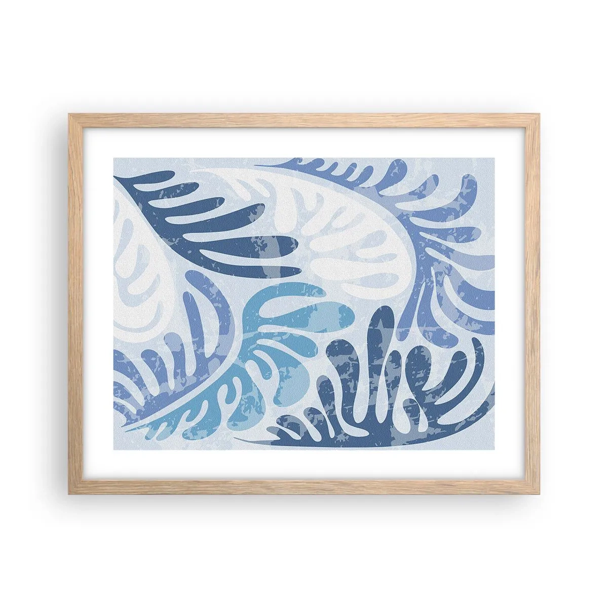 Plakat i ramme af lyst egetræ - Blå bregner - 50x40 cm