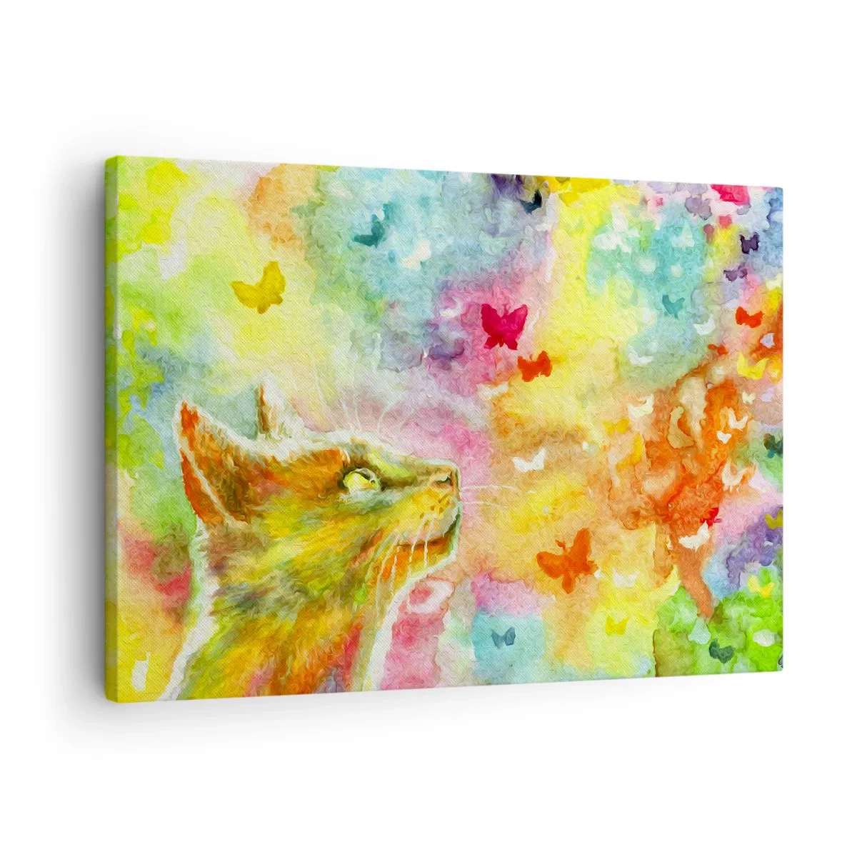 Lærredstryk - Billede på lærred - En kat omgivet af farverige sommerfugle - 70x50cm - Kattens høje himmel - Moderne vægdekoration til stue og soveværelse ARTTOR