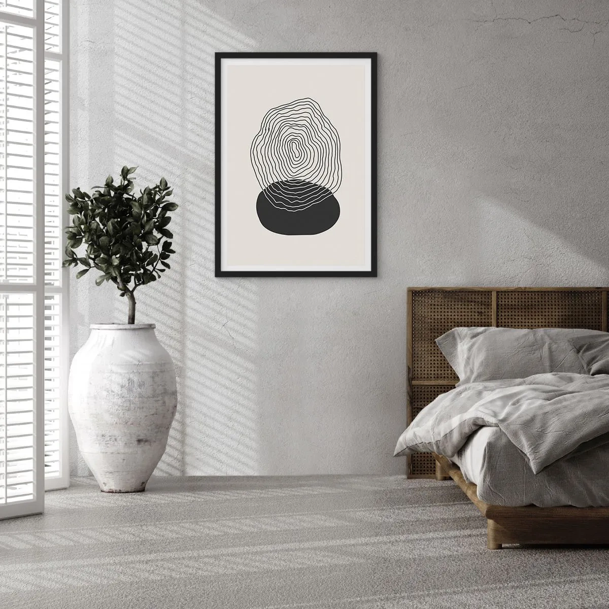 Plakat i sort ramme - Sorte linjer skaber en abstrakt form på en lys baggrund - 50x70cm - Varighed og vibration - Moderne vægdekoration til stue og soveværelse ARTTOR