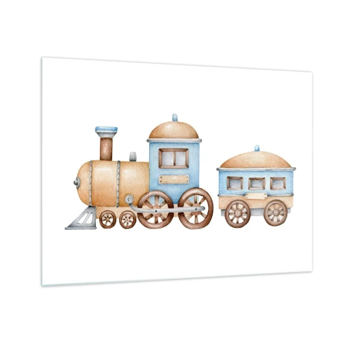 Billede på glas - Illustration af et damptog i nuancer af blå og beige på en hvid baggrund - 70x50cm - Stående på stationen... - Moderne vægdekoration til stue og soveværelse ARTTOR