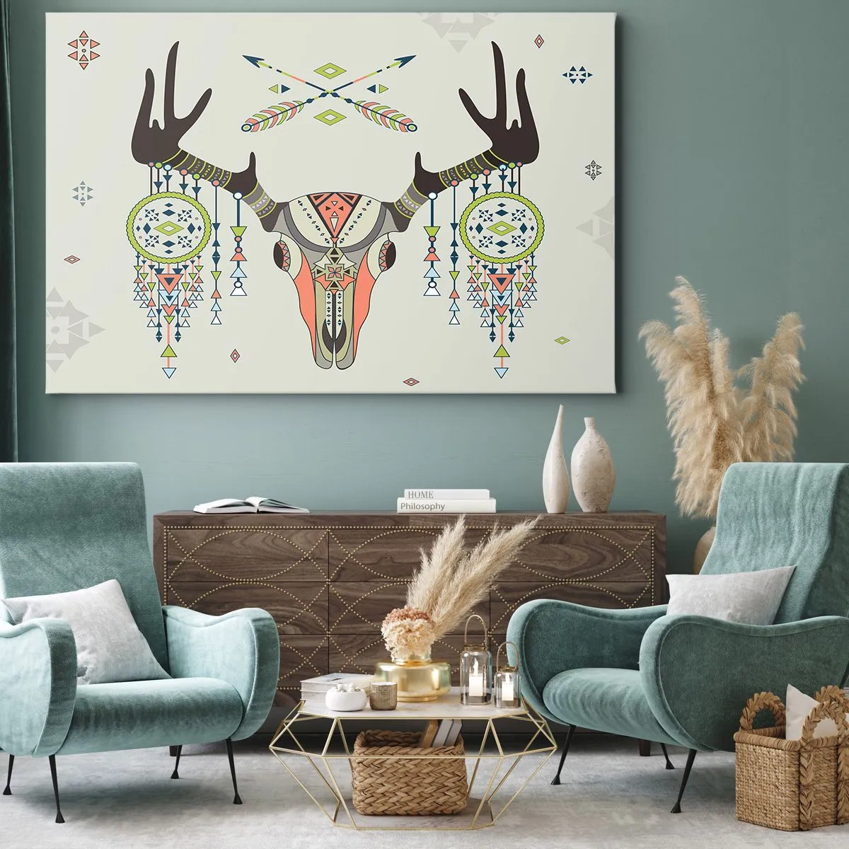Lærredstryk - Billede på lærred - Boho-dekoration med hjortekranie og drømmefangere - 70x50cm - Indiansk jægers trofæ - Moderne vægdekoration til stue og soveværelse ARTTOR