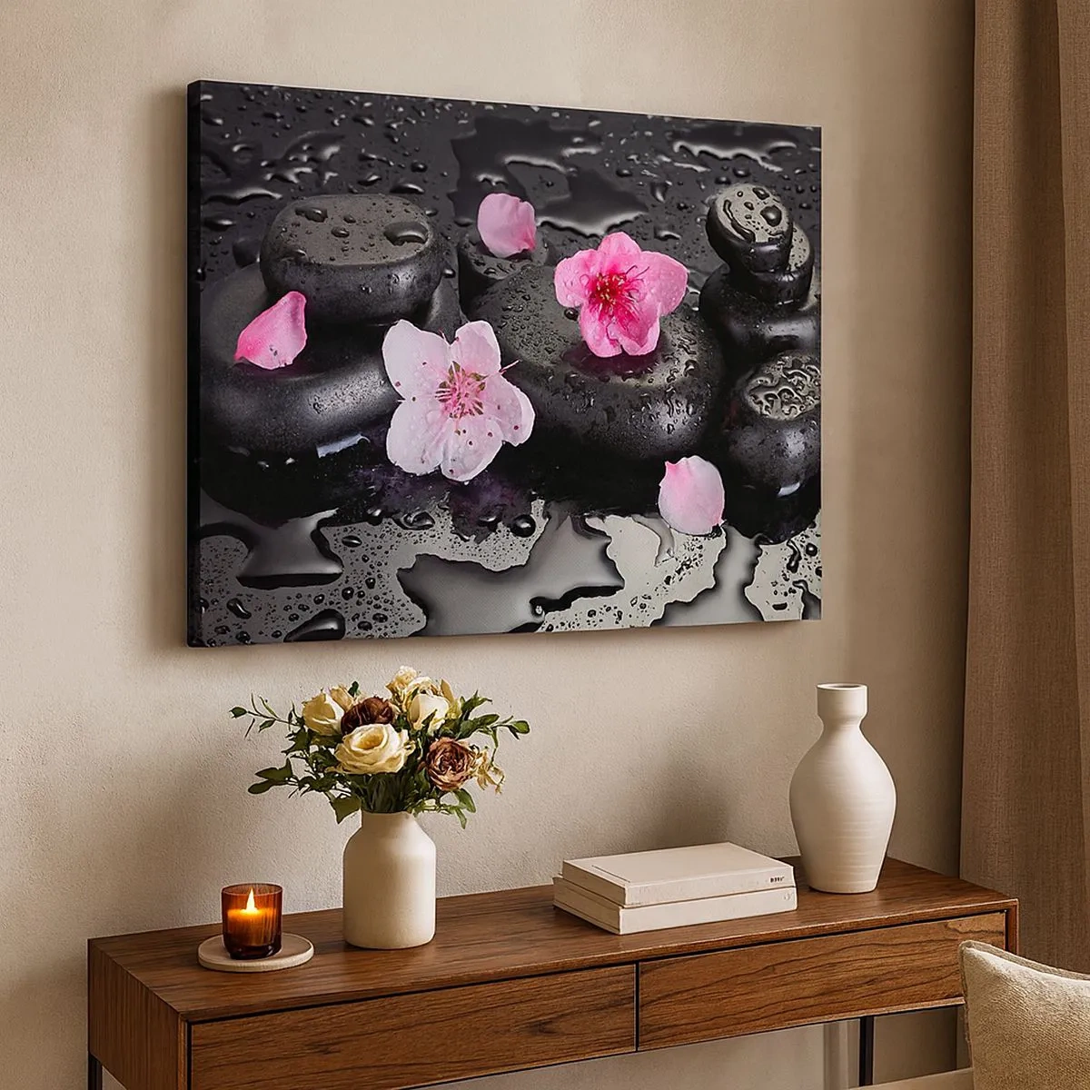 Lærredstryk - Billede på lærred - Sorte sten og lyserøde blomster i spa-stil - 70x50cm - Og stenen falder fra hjertet - Moderne vægdekoration til stue og soveværelse ARTTOR