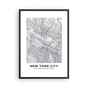 Plakat i sort ramme - Et minimalistisk kort over New York City - 50x70cm - Anatomi af en storby - Moderne vægdekoration til stue og soveværelse ARTTOR
