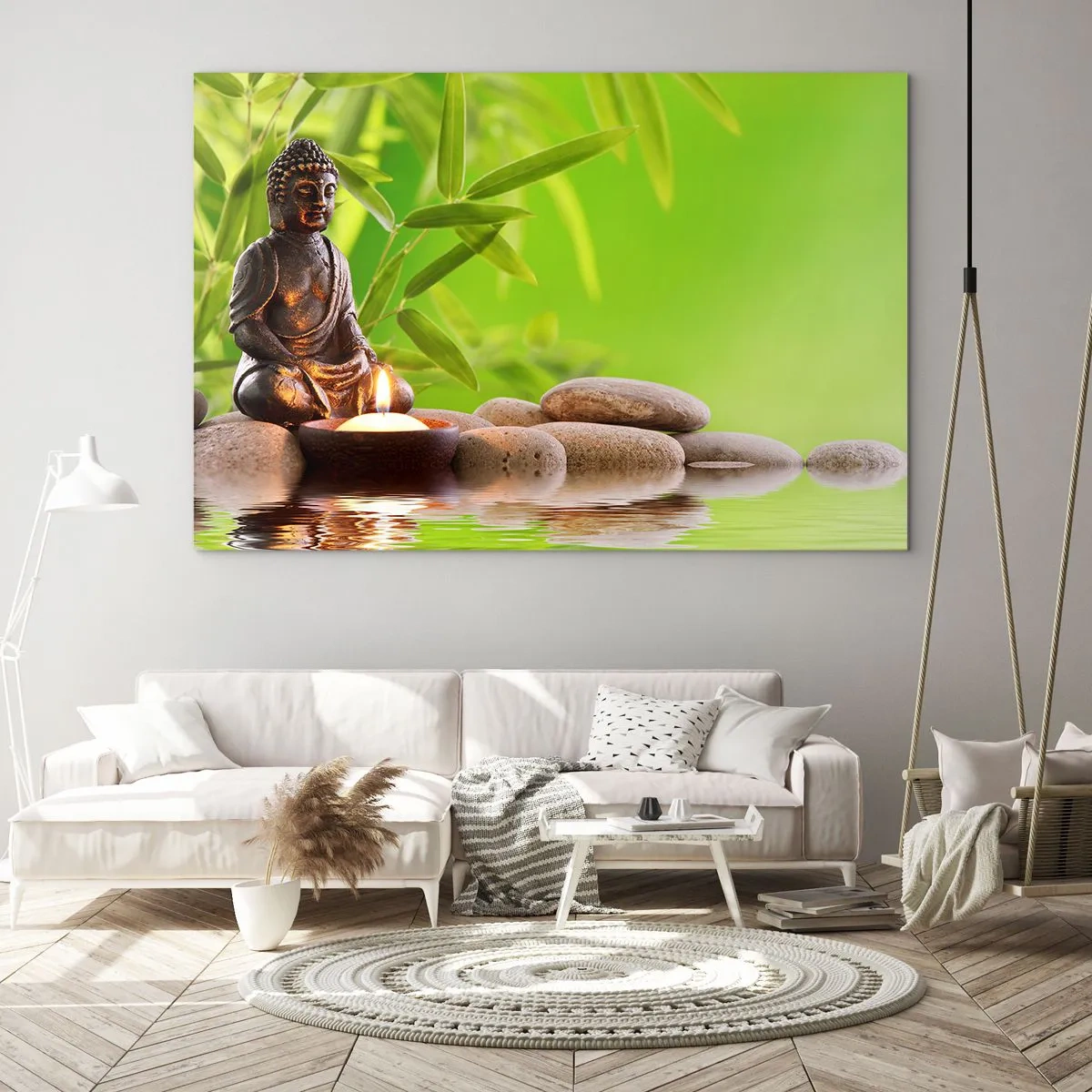 Billede på glas - En Buddha-figur med et tændt lys i en grøn omgivelse - 70x50cm - Livet er smukt - Moderne vægdekoration til stue og soveværelse ARTTOR