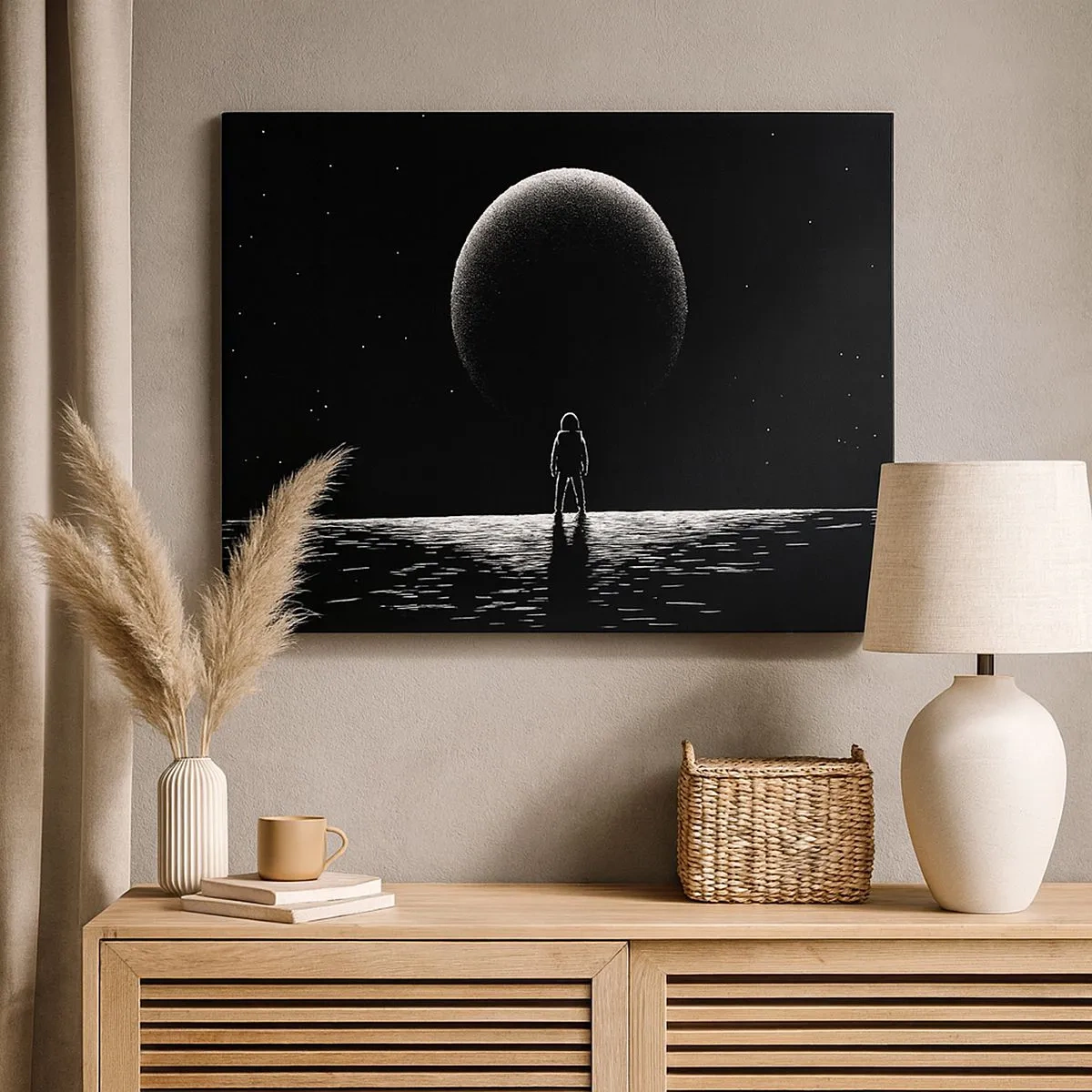 Lærredstryk - Billede på lærred - En astronaut mod baggrunden af en stor planet i det ydre rum - 70x50cm - Ansigt til ansigt - Moderne vægdekoration til stue og soveværelse ARTTOR