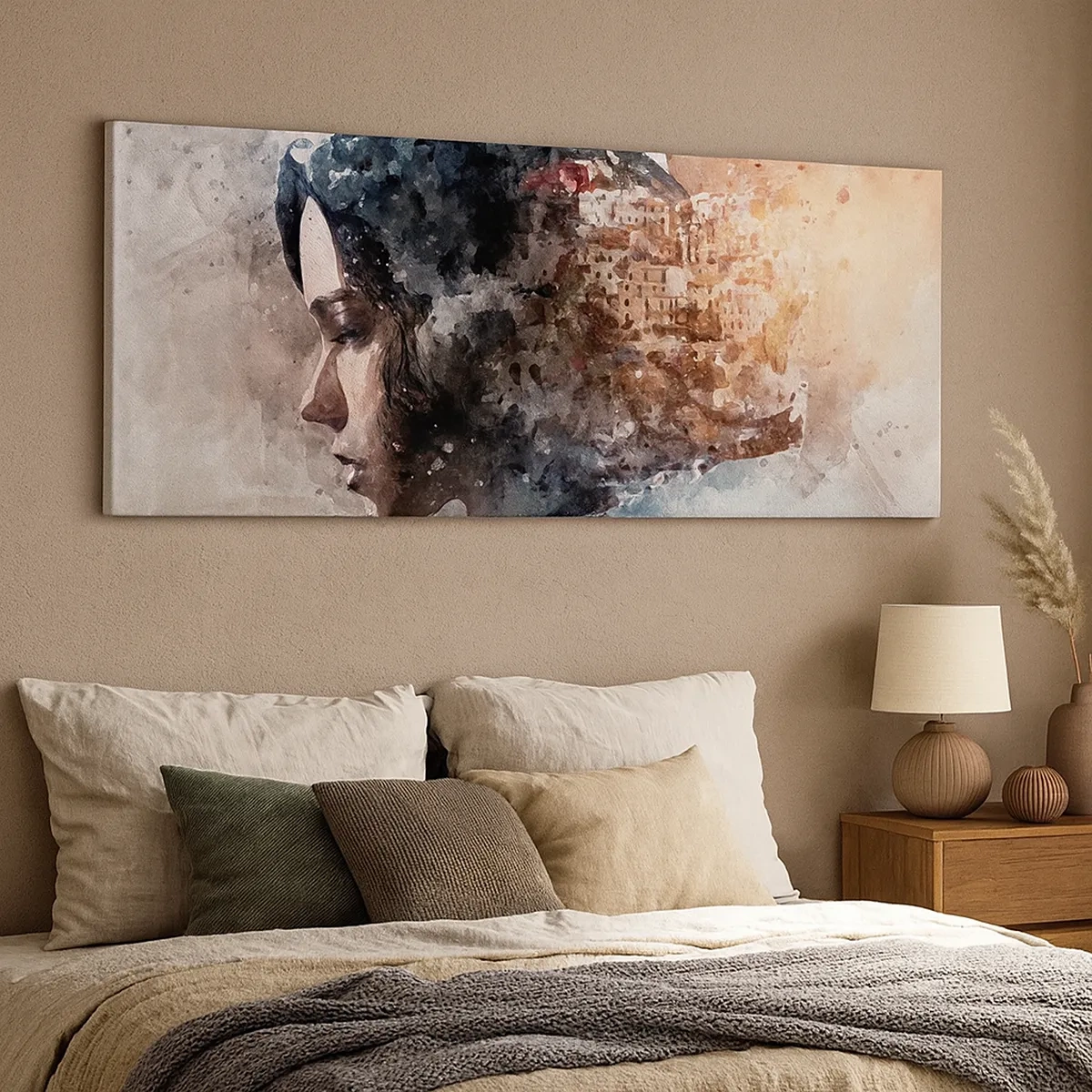 Lærredstryk - Billede på lærred - Historien om en pige med en by i baggrunden - 30x30 cm